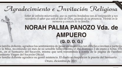 Agradecimiento e Invitación Religiosa: Norah Palma Panozo