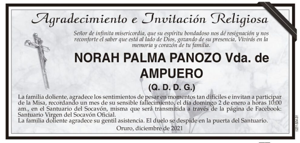 Agradecimiento e Invitación Religiosa: Norah Palma Panozo