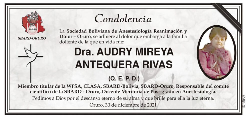 Condolencia por Audry Mireya Antequera Rivas