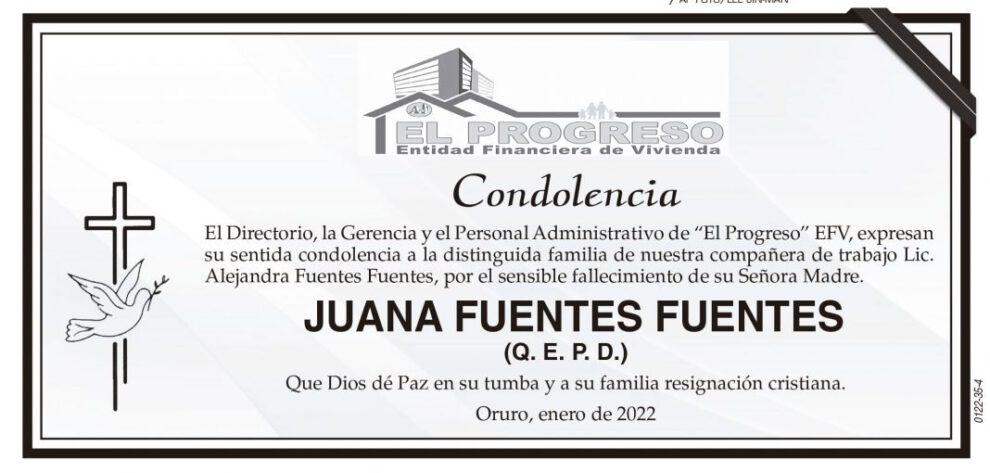 Condolencia por el fallecimiento de Juana Fuentes Fuentes