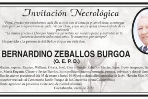 Invitación Necrológica: Prof. Bernardino Zeballos Burgoa