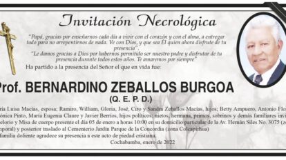 Invitación Necrológica: Prof. Bernardino Zeballos Burgoa