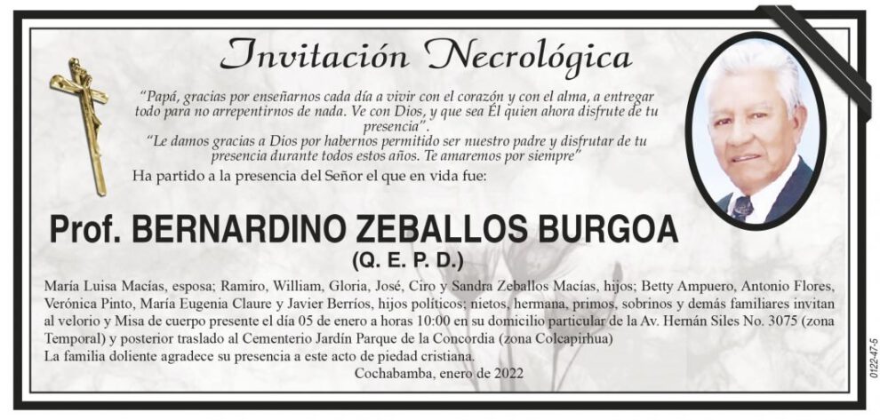 Invitación Necrológica: Prof. Bernardino Zeballos Burgoa