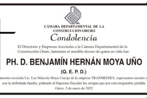 Condolencia por el fallecimiento de Ph. D. Benjamín Hernán Moya Uño