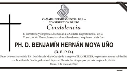 Condolencia por el fallecimiento de Ph. D. Benjamín Hernán Moya Uño