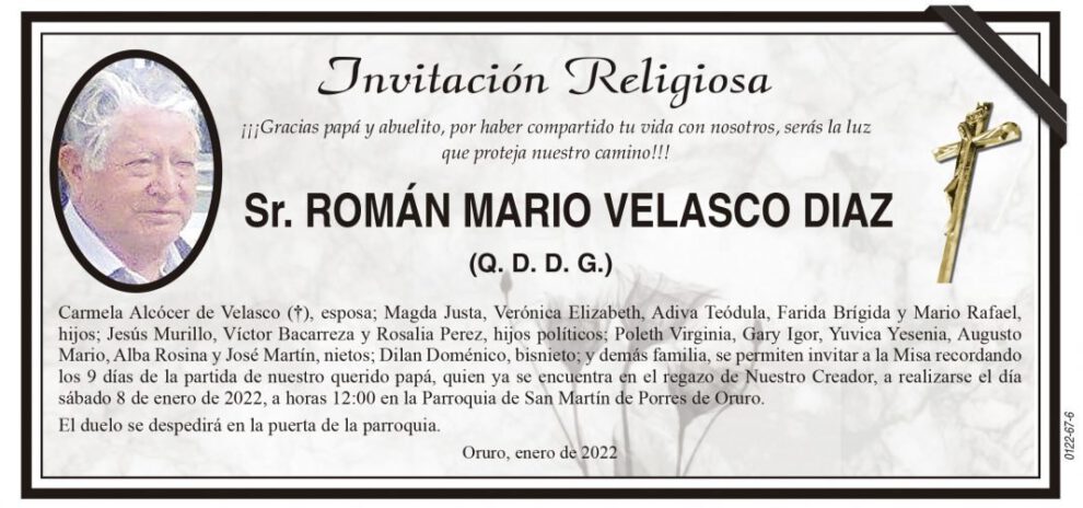 Invitación Religiosa para Román Mario Velasco Díaz