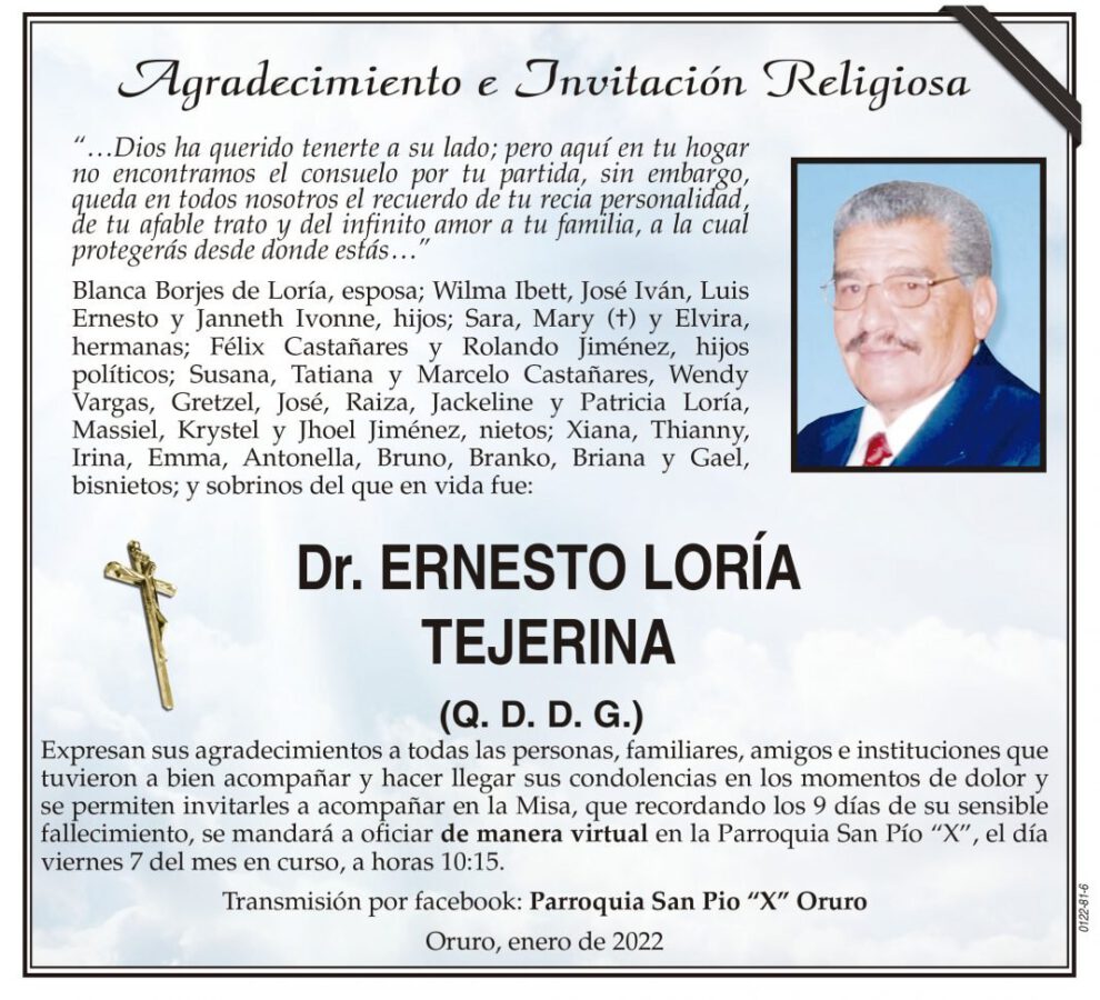 Agradecimiento e Invitación Religiosa: Dr. Ernesto Loría Tejerina