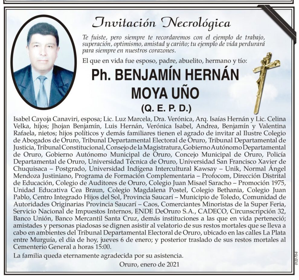 Invitación Necrológica: Ph. BENJAMÍN HERNÁN MOYA UÑO