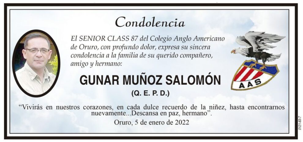 Condolencia por Gunar Muñoz Salomón