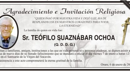 Agradecimiento e Invitación Religiosa: Teófilo Suaznábar Ochoa