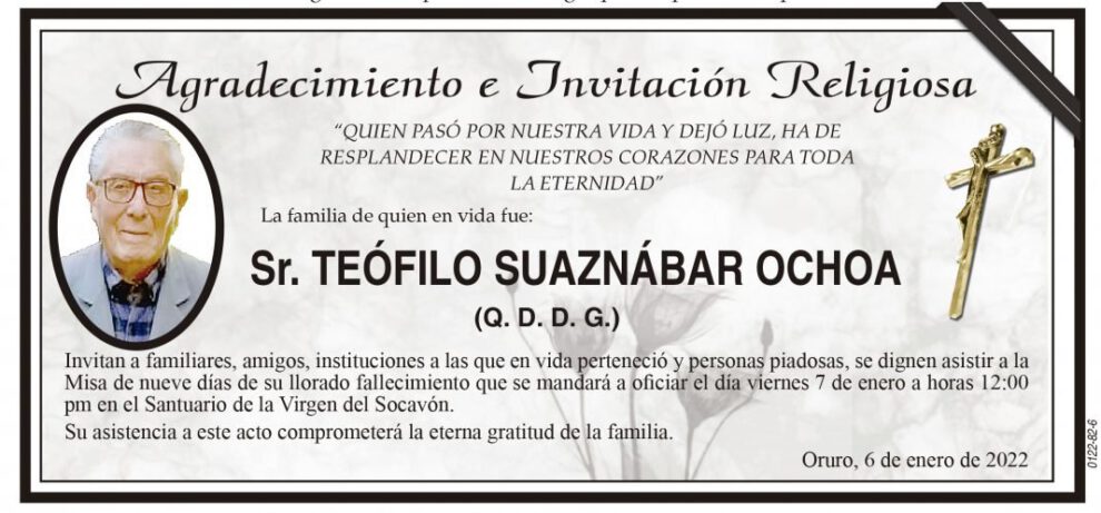 Agradecimiento e Invitación Religiosa: Teófilo Suaznábar Ochoa