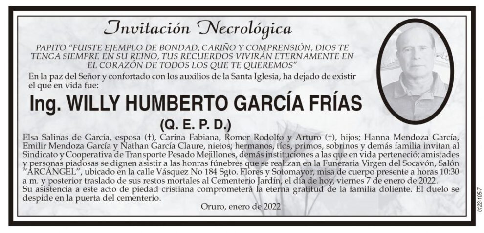 Invitación Necrológica: Ing. Willy Humberto García Frías