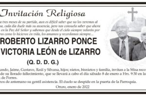 Invitación Religiosa para Roberto Lizarro Ponce y Victoria León de Lizarro