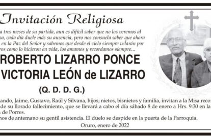 Invitación Religiosa para Roberto Lizarro Ponce y Victoria León de Lizarro