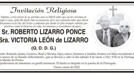 Invitación Religiosa para Roberto Lizarro Ponce y Victoria León de Lizarro