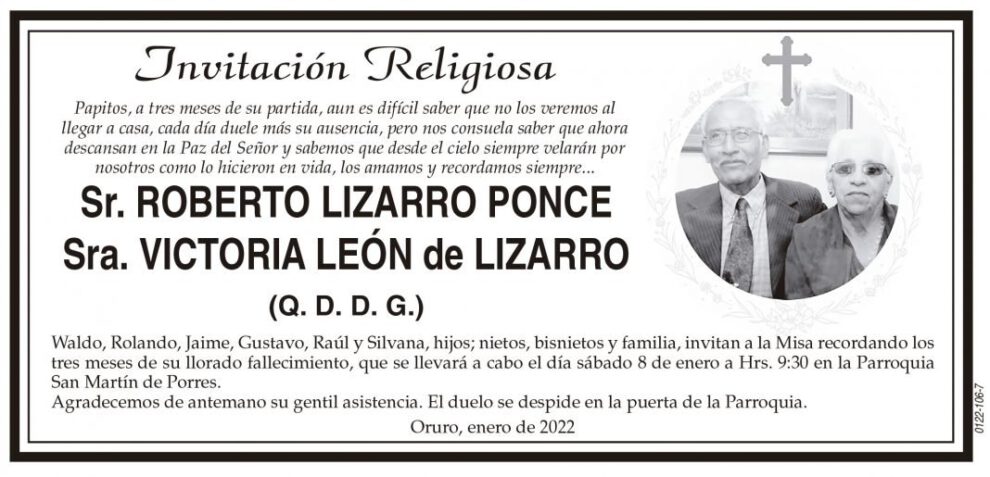 Invitación Religiosa para Roberto Lizarro Ponce y Victoria León de Lizarro