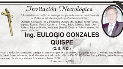 Invitación Necrológica: Ing. EULOGIO GONZALES QUISPE