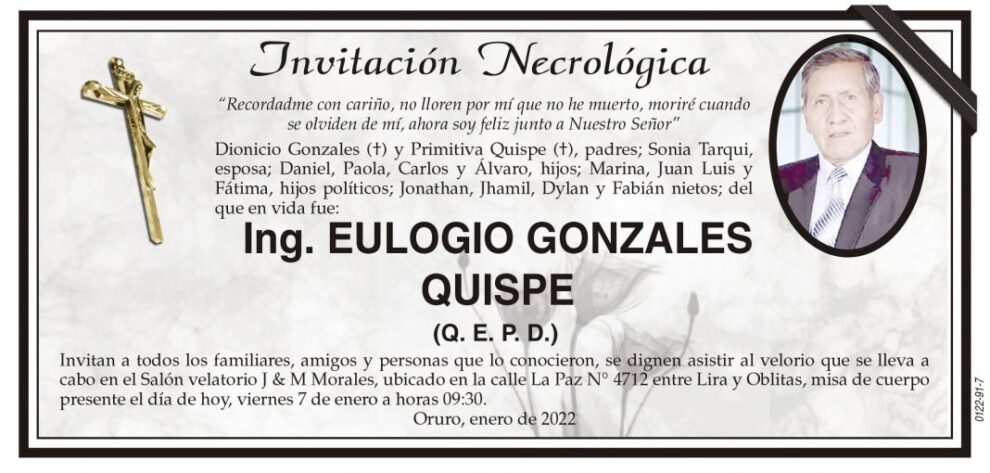 Invitación Necrológica: Ing. EULOGIO GONZALES QUISPE