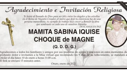 Agradecimiento e Invitación Religiosa por Mamita Sabina Iquise Choque