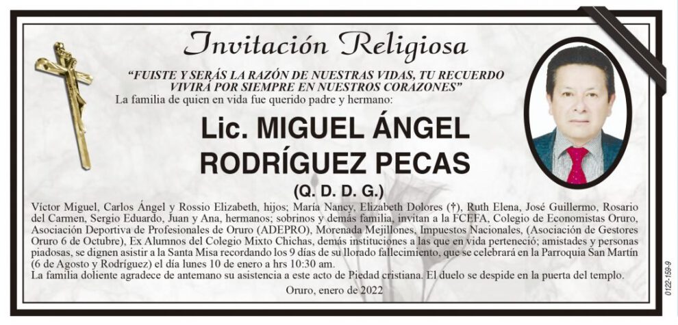 Lic. Miguel Ángel Rodríguez Pecas, invitación a la Santa Misa