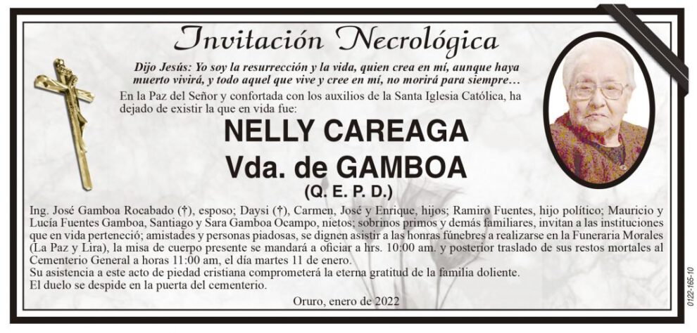 Invitación Necrológica de Nelly Careaga Vda. de Gamboa