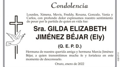 Condolencia por la partida de Gilda Elizabeth Jiménez Béjar