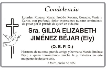 Condolencia por la partida de Gilda Elizabeth Jiménez Béjar