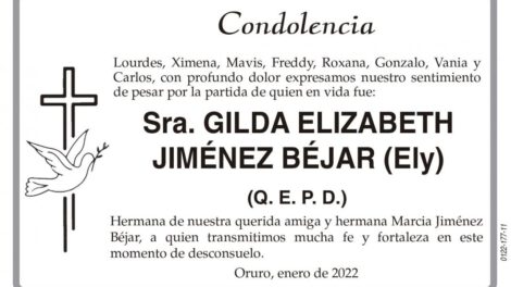 Condolencia por la partida de Gilda Elizabeth Jiménez Béjar