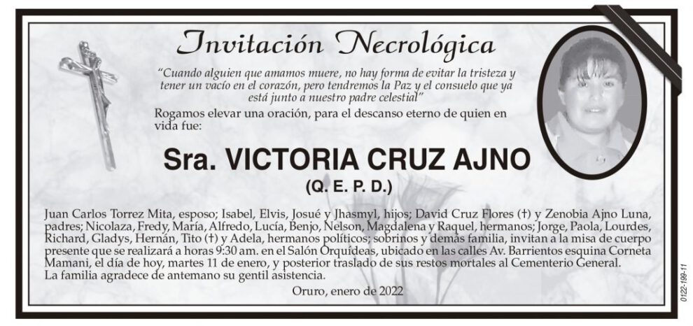 Invitación Necrológica para Victoria Cruz Ajno