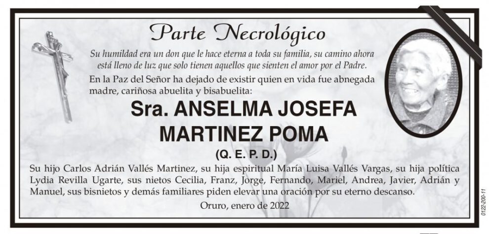 Parte Necrológico de Anselma Josefa Martinez Poma