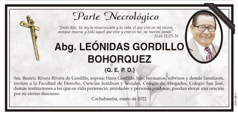 Parte Necrológico de Abg. Leónidas Gordillo Bohorquez
