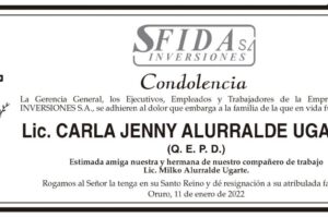 Condolencia por Lic. Carla Jenny Alurralde Ugarte