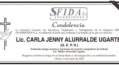 Condolencia por Lic. Carla Jenny Alurralde Ugarte