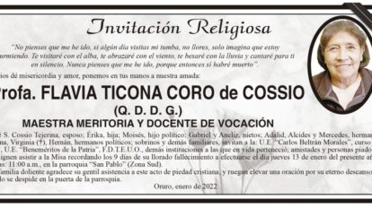 Profa. Flavia Ticona Coro de Cossio, invitación religiosa
