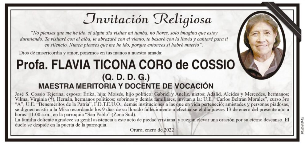 Profa. Flavia Ticona Coro de Cossio, invitación religiosa