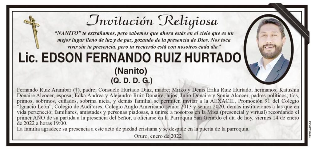 Lic. Edson Fernando Ruiz Hurtado, invitación religiosa en su primer año de partida