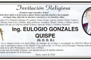Ing. Eulogio Gonzales Quispe, invitación religiosa para su Santa Misa