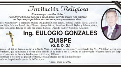 Ing. Eulogio Gonzales Quispe, invitación religiosa para su Santa Misa