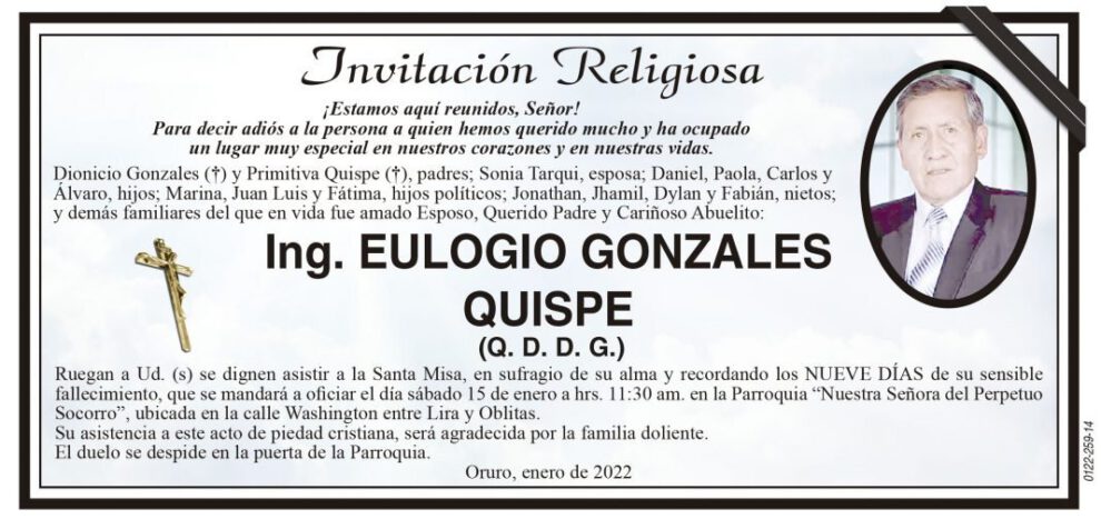 Ing. Eulogio Gonzales Quispe, invitación religiosa para su Santa Misa