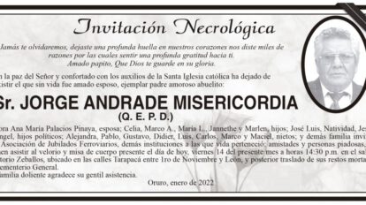 Invitación Necrológica: Sr. Jorge Andrade Misericordia