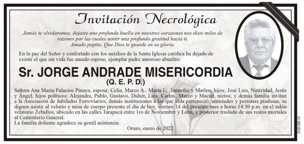 Invitación Necrológica: Sr. Jorge Andrade Misericordia