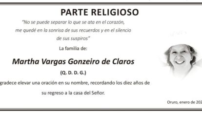 Martha Vargas Gonzeiro de Claros, parte religioso en su memoria
