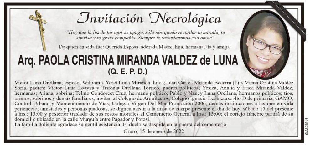 Invitación Necrológica de Paola Cristina Miranda Valdez