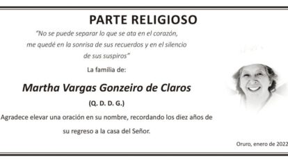 Martha Vargas Gonzeiro de Claros, parte religioso en su memoria