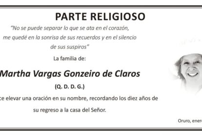 Martha Vargas Gonzeiro de Claros, parte religioso en su memoria