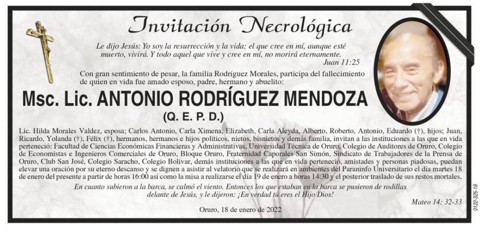 Invitación Necrológica: Antonio Rodríguez Mendoza