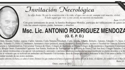 Invitación Necrológica para Antonio Rodriguez Mendoza