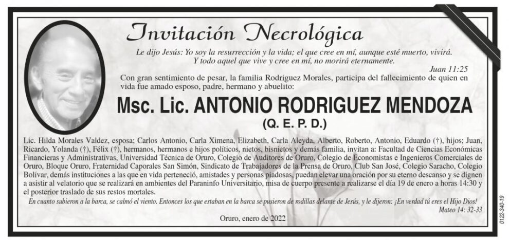 Invitación Necrológica para Antonio Rodriguez Mendoza