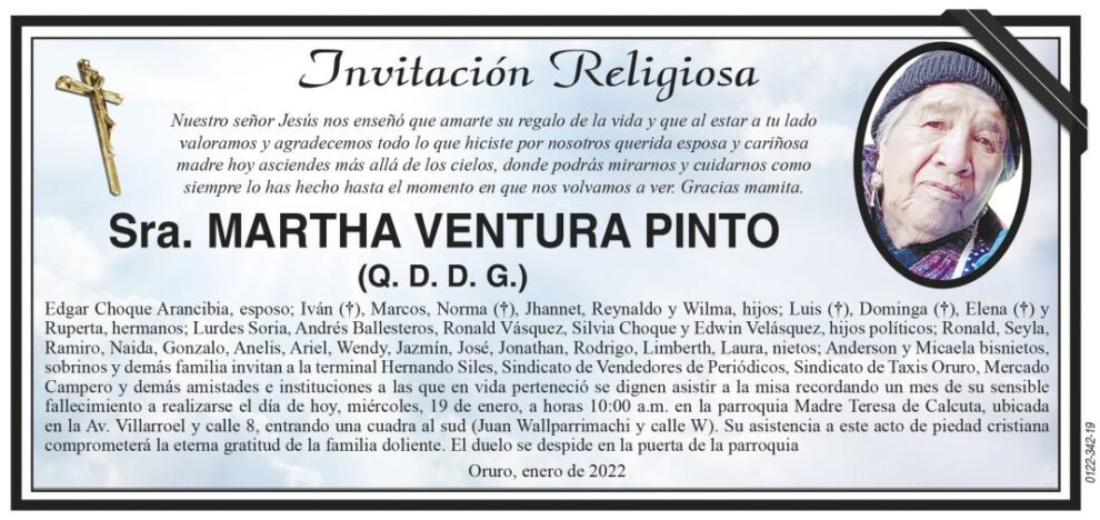 Invitación Religiosa para Martha Ventura Pinto