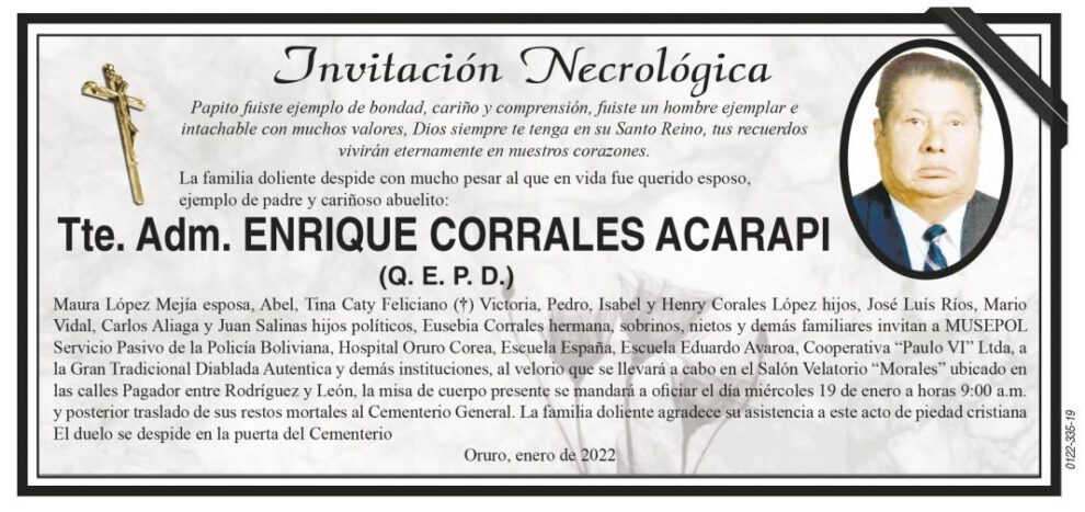 Invitación Necrológica: Enrique Corrales Acarapi